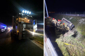 kolaż dwóch zdjęć, miejsce wypadku, uszkodzone pojazdy ciężarowe.