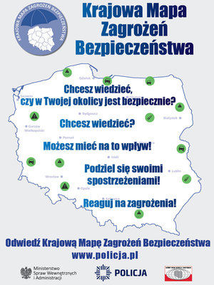 Kolorowa grafika: plakat z napisem Krajowa Mapa Zagrożeń Bezpieczeństwa, na szarym tle zarys mapy Polski.