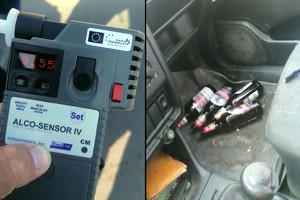 kolaż kontrola trzeźwości, butelki po piwie w samochodzie