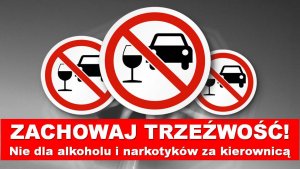 Trzy znaki na których zakazu na których umieszczono kieliszki i samochodu. Poniżej napis zachowaj trzeźwość