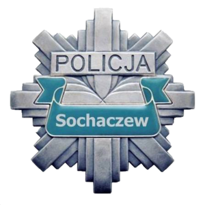 Policyjne logo w kształcie gwiazdy. Na górze napis policja, a na środku sochaczew