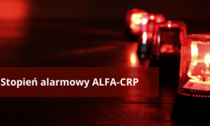 Czerwone sygnały świetlne oświetlające ciemność. Z lewej strony napis Stan alarmowy ALFA-CRP