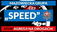 Wizualizacja przedstawia licznik samochodowy, a na nim na niebieskim tle napis Mazowiecka grupa &quot;SPEED&quot; . Poniżej, na czerwonym tle napis stop agresji na drogach!