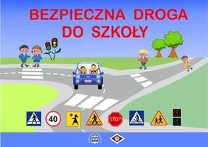 grafika  na której znajduje się droga i pojazd oraz dzieci w pobliżu drogi. Poniżej znaki drogowe .
Zdjęcie zatytułowane jako ,, BEZPIECZNA DROGA DO SZKOŁY&quot;